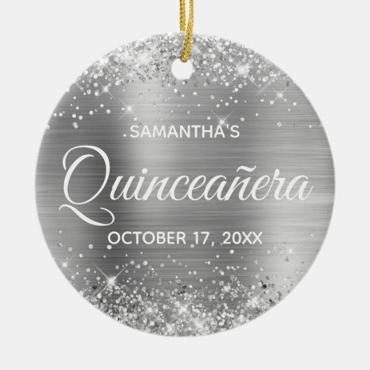 Glittery Silver Foil Quinceañera Keramik Ornament (Vorne)