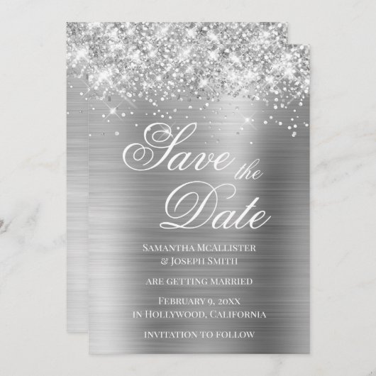Glittery Silver Foil Save the Date Einladung (Vorne/Hinten)