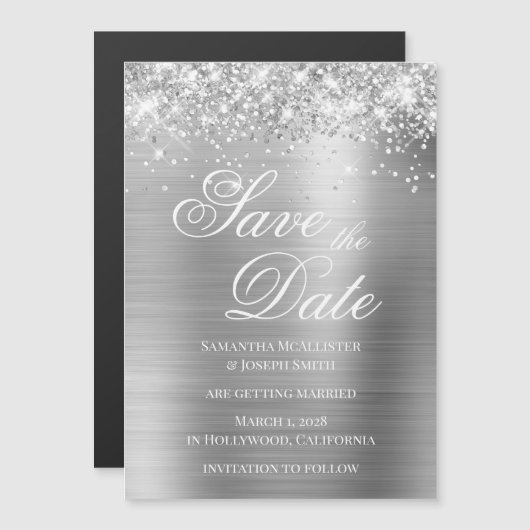 Glittery Silver Foil Save the Date Magneteinladung (Vorne/Hinten)