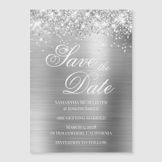Glittery Silver Foil Save the Date Magneteinladung (Vorderseite)