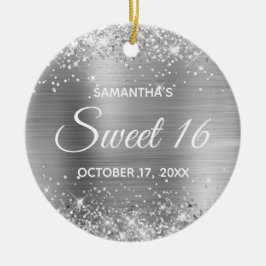 Glittery Silver Foil Sweet 16 Birthday Keramik Ornament