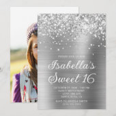 Glittery Silver Foil Sweet 16 Foto Einladung (Vorne/Hinten)