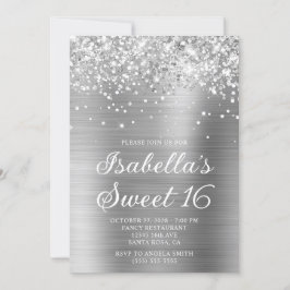 Glittery Silver Foil Sweet 16 Foto Einladung