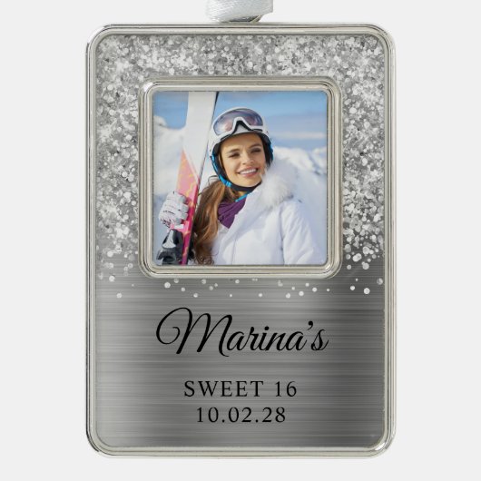 Glittery Silver Foil Sweet 16 Foto Rahmen-Ornament Silber (Vorderseite)