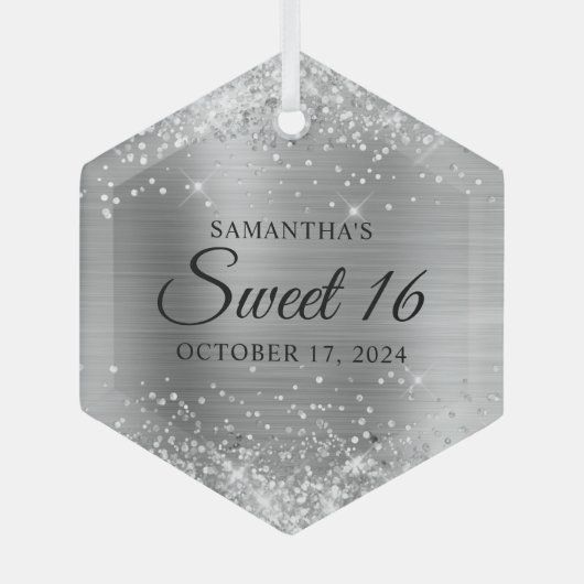 Glittery Silver Foil Sweet 16 Ornament Aus Glas (Vorderseite)