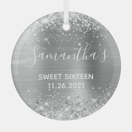 Glittery Silver Foil Sweet 16 Ornament Aus Glas (Vorderseite)