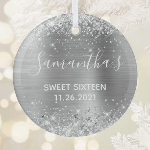 Glittery Silver Foil Sweet 16 Ornament Aus Glas