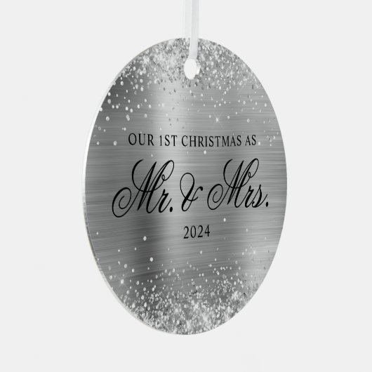 Glittery Silver Foil Unser 1. Weihnachtsfest Foto Ornament Aus Metall (Vorderseite Rechts)