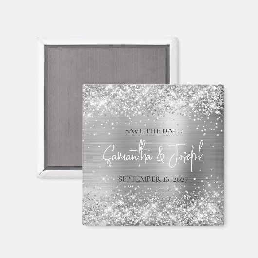 Glittery Silver Foil Wedding Save the Date Magnet (Vorderseite/Rückseite)
