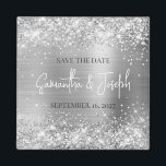 Glittery Silver Foil Wedding Save the Date Magnet<br><div class="desc">Erstellen Sie Ihren eigenen Magneten aus Save the Date Foto mit Braut und Bräutigam Name und Hochzeitstermin. Der Hintergrund zeichnet sich durch einen künstlerisch silbernen Glitzer und silbergraue metallische Ober-Folie aus, die wie ein Foto gedruckt wird. Passen Sie die Größe des Schriftartes an, wie es für längere oder kürzere Namen...</div>