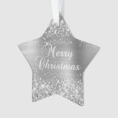 Glittery Silver Frohe Weihnachten Ornament (Vorderseite)