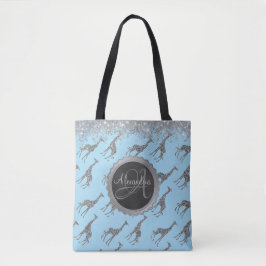Glittery Silver Giraffe on Blue Personalisiert Tasche