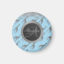 Glittery Silver Giraffe on Dreamy Blue Monogram Magnet