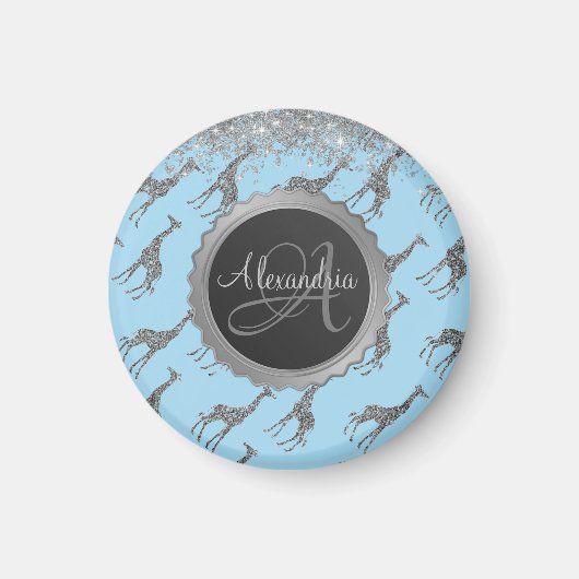 Glittery Silver Giraffe on Dreamy Blue Monogram Magnet (Vorne)