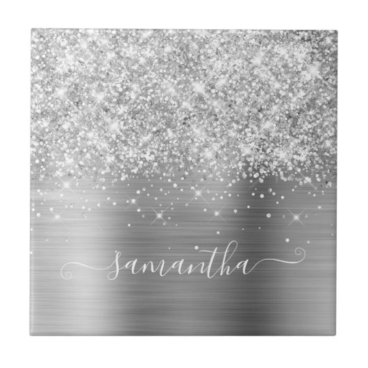 Glittery Silver Girly Signature Calligraphy Fliese (Vorderseite)