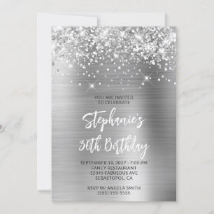 Glittery Silver Glam 30. Geburtstag Pinselschrift Einladung