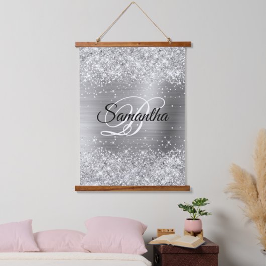 Glittery Silver Glam Extravagant Monogram Wandteppich Mit Holzrahmen (Schlafzimmer)