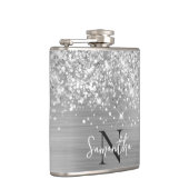 Glittery Silver Glam Mit Monogramm Flachmann (Rechts)