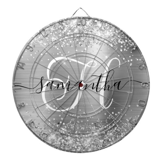 Glittery Silver Glam Monogram Dartscheibe (vorne)