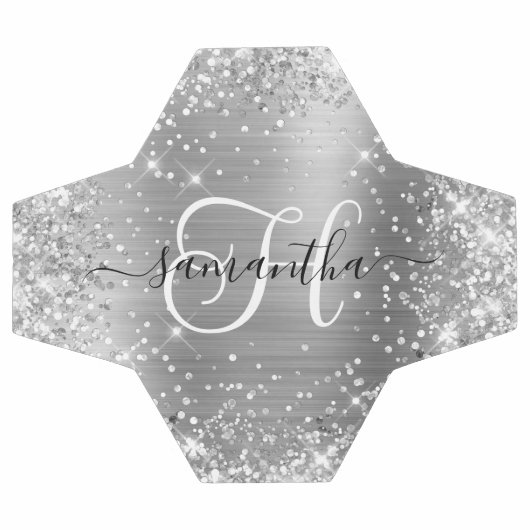 Glittery Silver Glam Monogram Fußball (Flach)