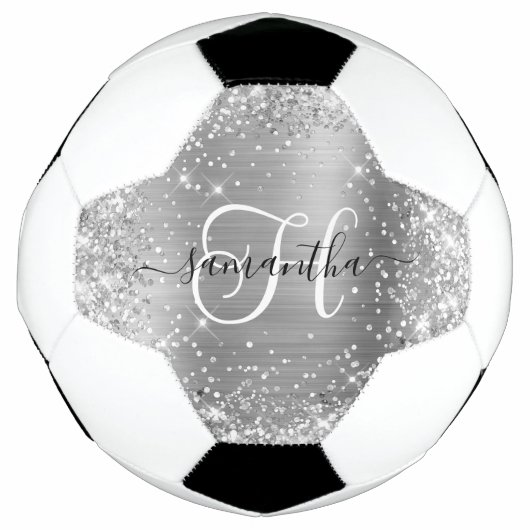 Glittery Silver Glam Monogram Fußball (Vorderseite)