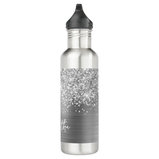Glittery Silver Glam Name Edelstahlflasche (Rechts)