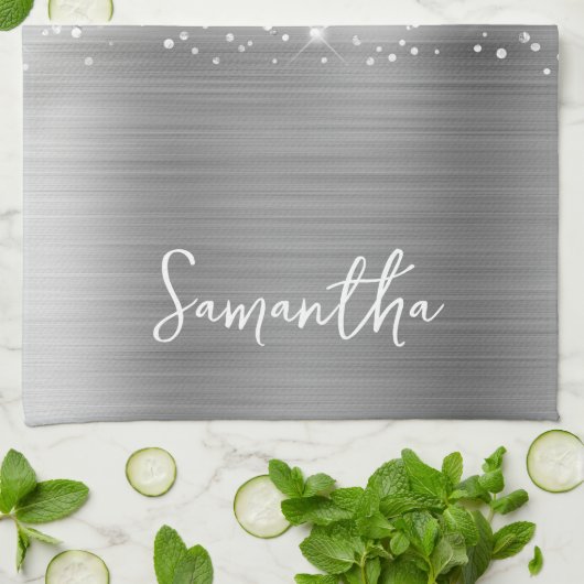 Glittery Silver Glam Name Geschirrtuch (Gefaltet)