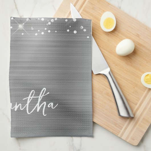 Glittery Silver Glam Name Geschirrtuch (Viertel Falte)
