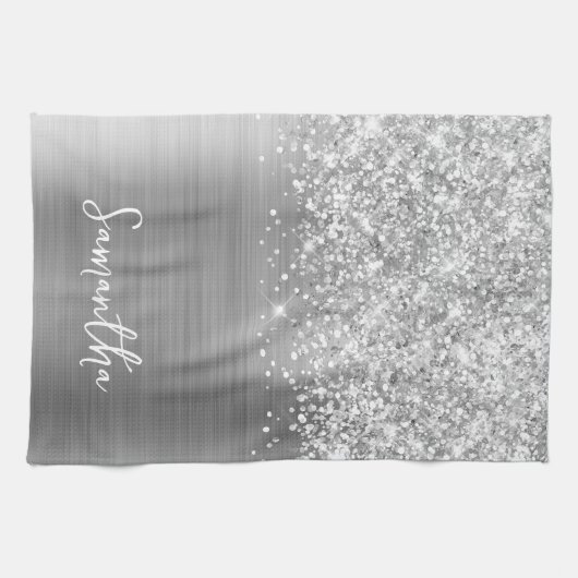 Glittery Silver Glam Name Geschirrtuch (Horizontal)