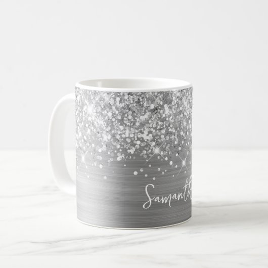 Glittery Silver Glam Name Kaffeetasse (Vorderseite Links)