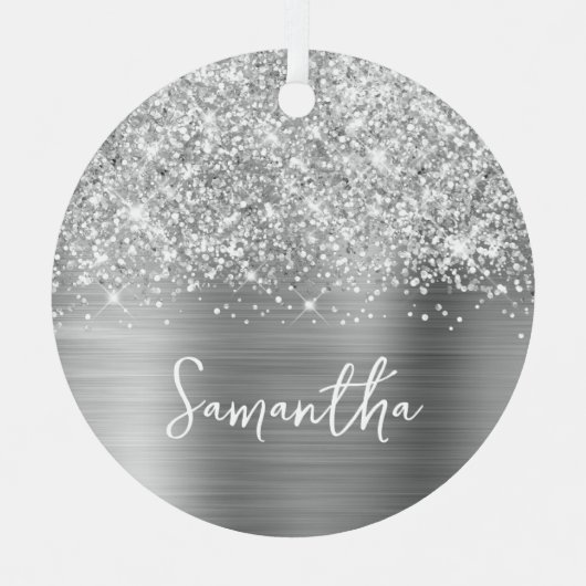 Glittery Silver Glam Name Ornament Aus Metall (Vorderseite)