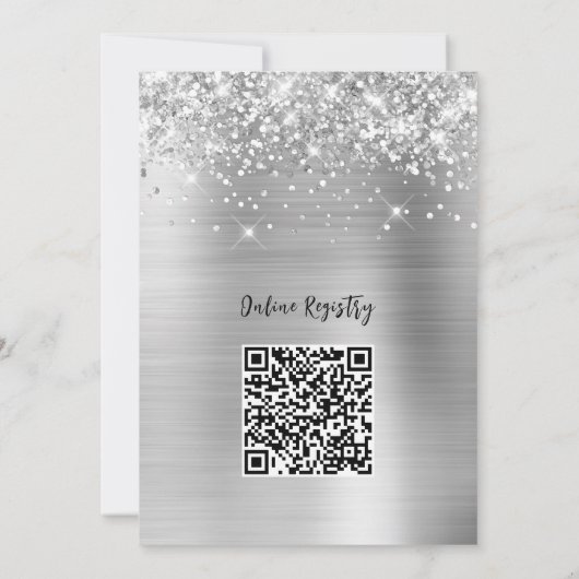 Glittery Silver Glam Online Registry Baby Dusche Einladung (Rückseite)
