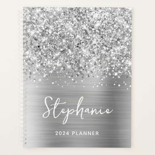 Glittery Silver Glam Personalisiert 2024 Planer (Vorderseite)