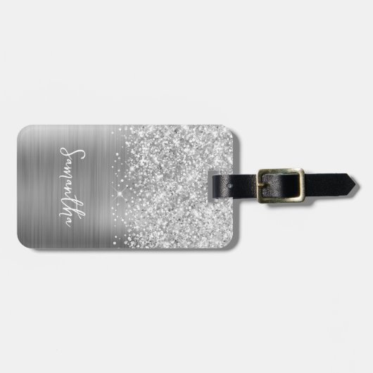 Glittery Silver Glam Script Name Gepäckanhänger (Vorderseite horizontal)