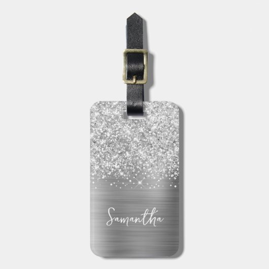 Glittery Silver Glam Script Name Gepäckanhänger (Vorderseite vertikal)