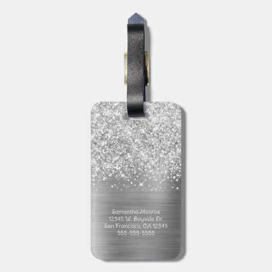 Glittery Silver Glam Script Name Gepäckanhänger (Rückseite vertikal)