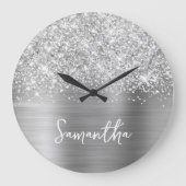 Glittery Silver Glam White Script Name Große Wanduhr (Vorderseite)