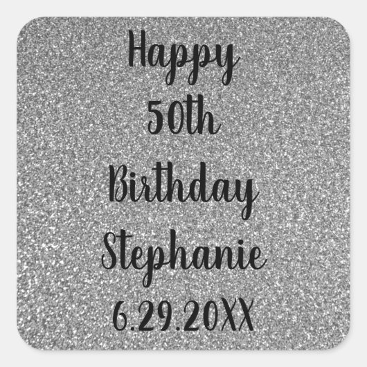 Glittery Silver Gray Custom Happy Birthday Name Quadratischer Aufkleber (Vorderseite)
