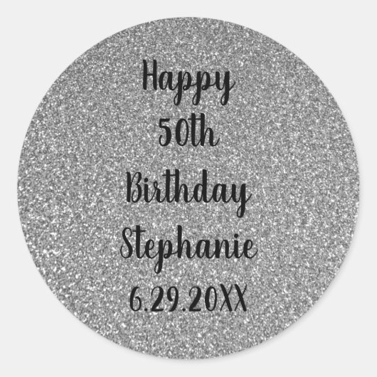Glittery Silver Gray Custom Happy Birthday Name Runder Aufkleber (Vorderseite)