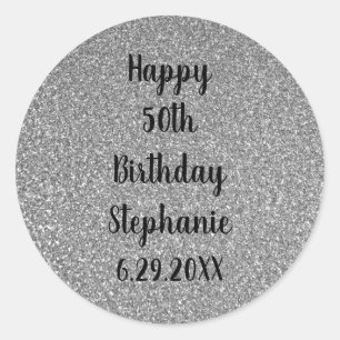 Glittery Silver Gray Custom Happy Birthday Name Runder Aufkleber