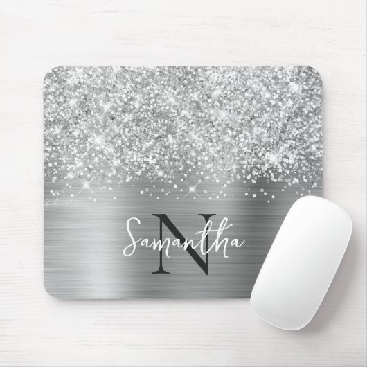 Glittery Silver Gray Glam Mit Monogramm Mousepad (Mit Mouse)