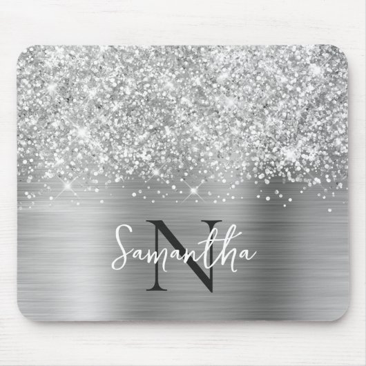 Glittery Silver Gray Glam Mit Monogramm Mousepad (Vorne)