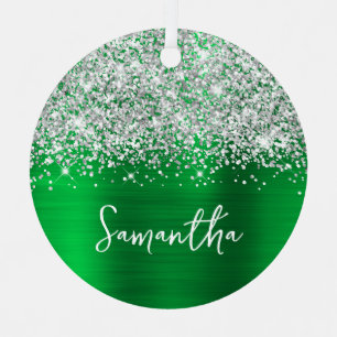 Glittery Silver Green Glam Name Ornament Aus Metall