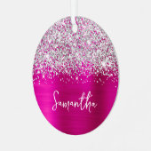 Glittery Silver Hot Pink Glam Name Ornament Aus Metall (Vorderseite links)