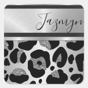 Glittery Silver Leopard Safari Print Personalisier Quadratischer Aufkleber