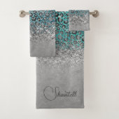 Glittery Silver Leopard Türkis Personalisiert Badhandtuch Set (Insitu)