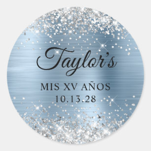 Glittery Silver Light Blue Foil Mis XV Anos Runder Aufkleber