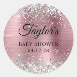 Glittery Silver Light Pink Foil Babydusche Runder Aufkleber