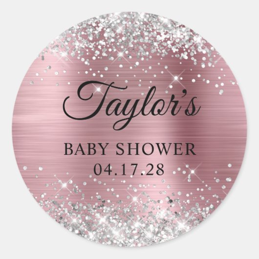 Glittery Silver Light Pink Foil Babydusche Runder Aufkleber (Vorderseite)
