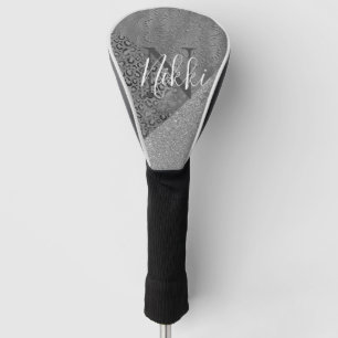 Glittery Silver Lotus Mandala Leopard Monogram Golf Headcover